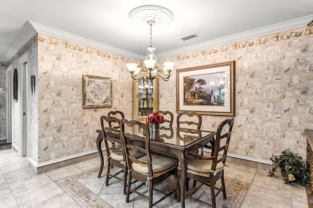 1917 Evergreen Pl, Madera, CA 93637 - dining area with a chandelier, crown molding, wallpapered walls, and light tile patterned floors