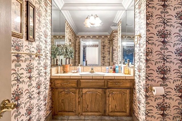 1917 Evergreen Pl, Madera, CA 93637 - bathroom with wallpapered walls, vanity, ornamental molding, and a chandelier