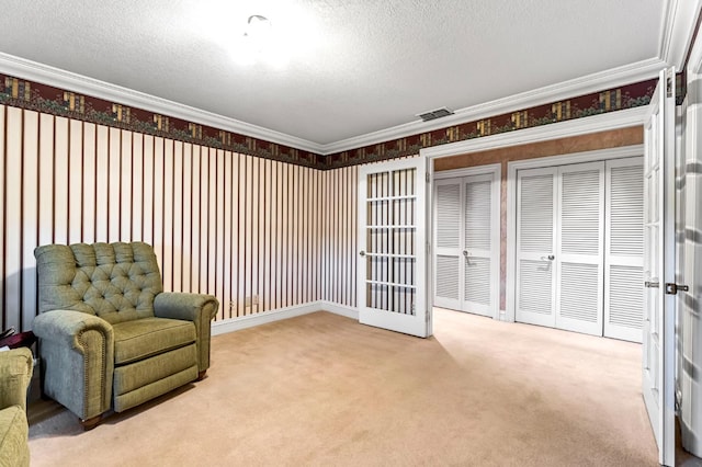 1917 Evergreen Pl, Madera, CA 93637 - sitting room featuring carpet floors, a textured ceiling, and crown molding