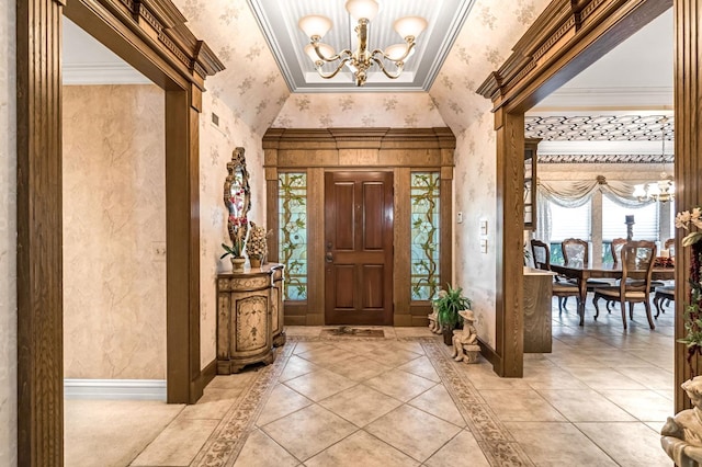 1917 Evergreen Pl, Madera, CA 93637 - foyer with a chandelier, wallpapered walls, and inlaid floor details