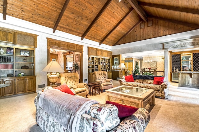 1917 Evergreen Pl, Madera, CA 93637 - living area with light colored carpet, a wooden ceiling with exposed beams, high vaulted ceiling, wine cooler, and bar