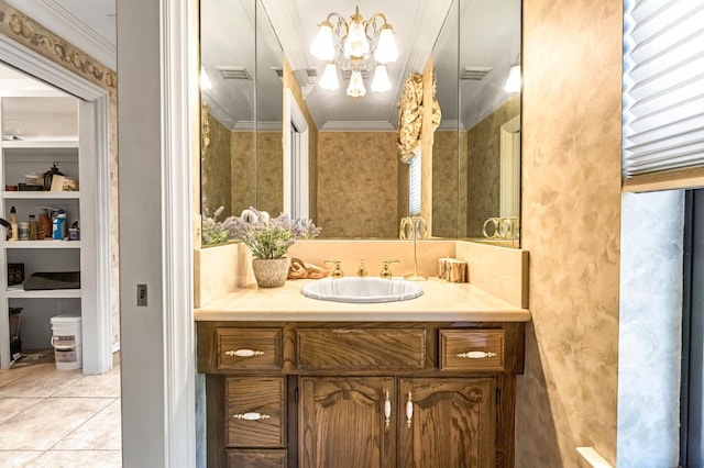 1917 Evergreen Pl, Madera, CA 93637 - bathroom featuring ornamental molding, vanity, a chandelier, and tile patterned flooring