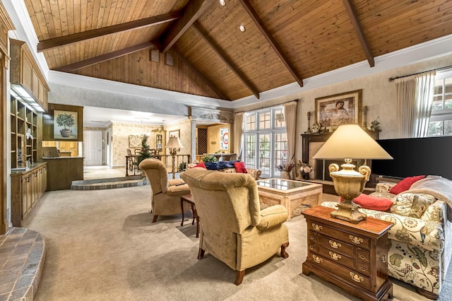 1917 Evergreen Pl, Madera, CA 93637 - living area with light carpet, a wooden ceiling with exposed beams, plenty of natural light, and high vaulted ceiling