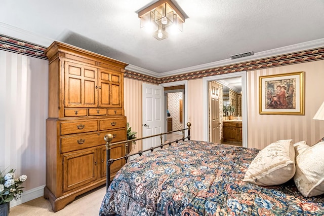 1917 Evergreen Pl, Madera, CA 93637 - bedroom with wallpapered walls, light colored carpet, crown molding, and ensuite bathroom