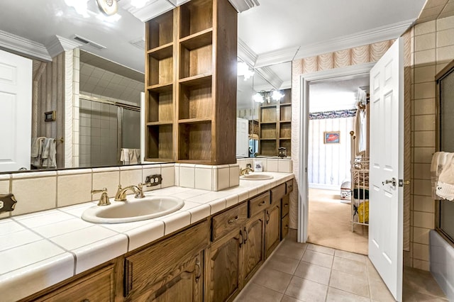 1917 Evergreen Pl, Madera, CA 93637 - full bath featuring ornamental molding, double vanity, tile patterned floors, and a shower with door