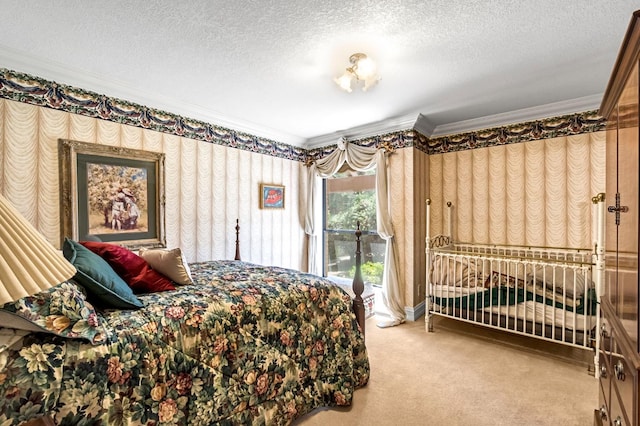 1917 Evergreen Pl, Madera, CA 93637 - bedroom featuring ornamental molding, access to exterior, carpet floors, a textured ceiling, and wallpapered walls