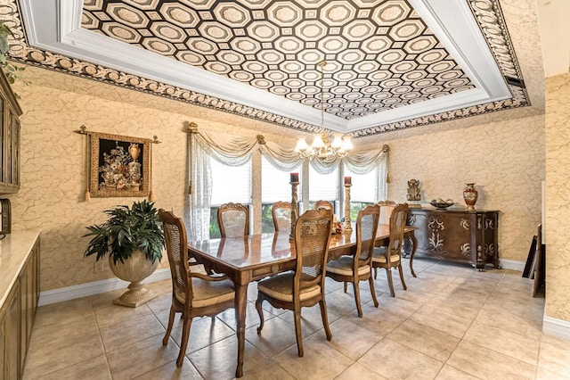 1917 Evergreen Pl, Madera, CA 93637 - dining room with crown molding, a chandelier, a tray ceiling, and light tile patterned floors