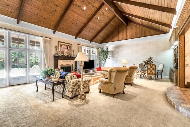 1917 Evergreen Pl, Madera, CA 93637 - carpeted living area featuring a wooden ceiling with exposed beams, high vaulted ceiling, and a fireplace