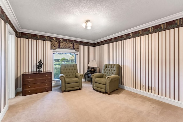 1917 Evergreen Pl, Madera, CA 93637 - sitting room featuring crown molding, carpet flooring, a textured ceiling, and wallpapered walls