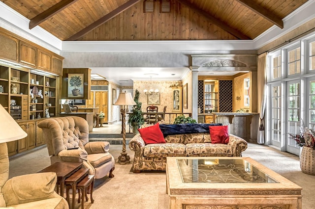 1917 Evergreen Pl, Madera, CA 93637 - living area with carpet, high vaulted ceiling, a chandelier, decorative columns, and a wood ceiling with exposed beams