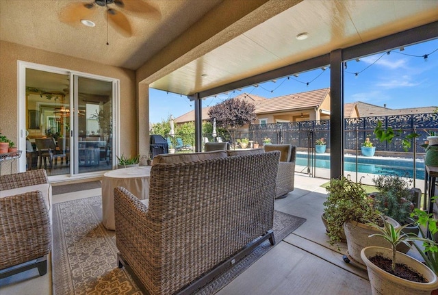 3982 Flint Ave, Clovis, CA 93619 - fenced backyard with ceiling fan and a patio area