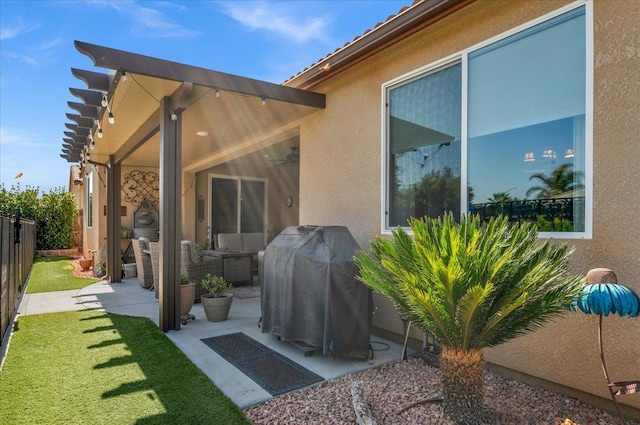 3982 Flint Ave, Clovis, CA 93619 - back of house featuring a fenced backyard, stucco siding, a patio, and an outdoor living space