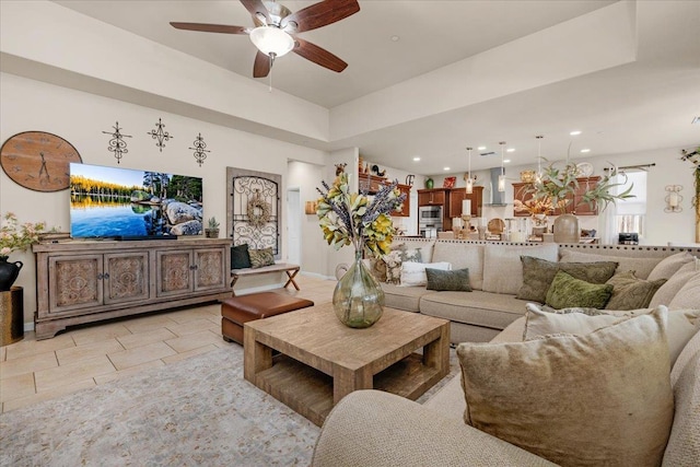 3982 Flint Ave, Clovis, CA 93619 - living area with a ceiling fan, recessed lighting, and light tile patterned floors