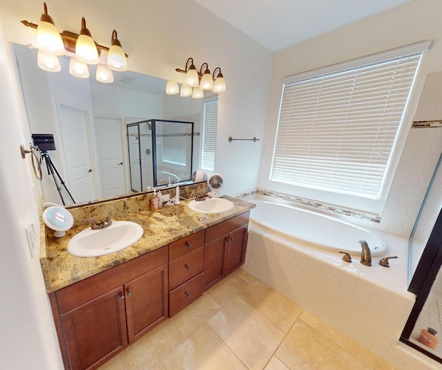 4367 Salem Ln, Clovis, CA 93619 - full bath with a stall shower, a bath, double vanity, and tile patterned flooring