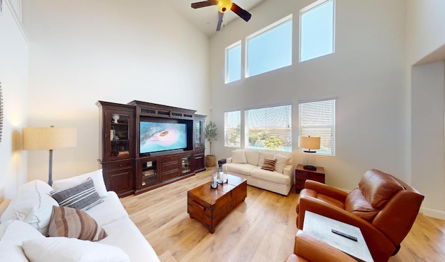 4367 Salem Ln, Clovis, CA 93619 - living room featuring high vaulted ceiling, a ceiling fan, and light wood finished floors
