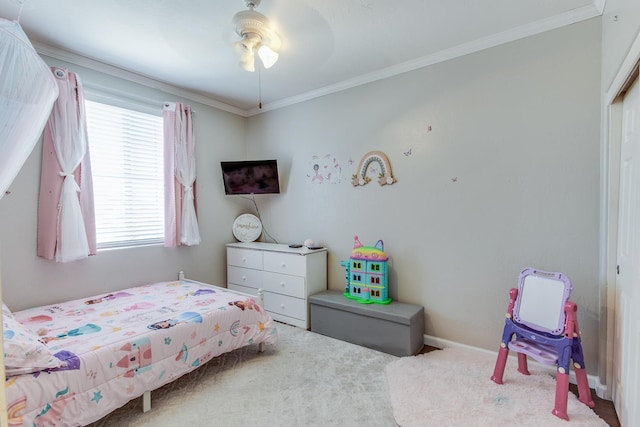 7230 E Dayton Ave, Fresno, CA 93737 - bedroom featuring carpet floors, crown molding, and a ceiling fan
