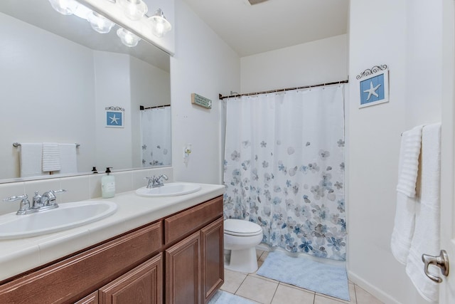 7230 E Dayton Ave, Fresno, CA 93737 - full bath with tile patterned floors, double vanity, and a shower with shower curtain