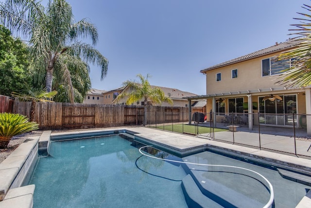 7230 E Dayton Ave, Fresno, CA 93737 - view of pool featuring a fenced backyard, a patio area, and a ceiling fan