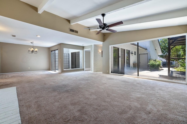 2076 W Calimyrna Ave Unit 102, Fresno, CA 93711 - unfurnished living room with beam ceiling, a chandelier, ceiling fan, and carpet flooring