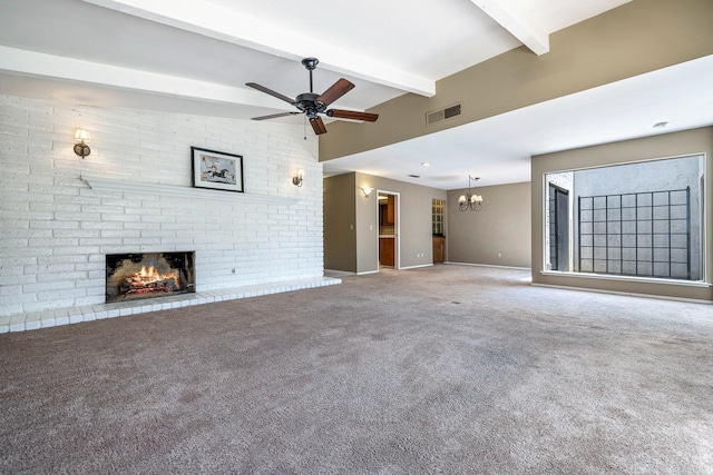 2076 W Calimyrna Ave Unit 102, Fresno, CA 93711 - unfurnished living room with a brick fireplace, a chandelier, a ceiling fan, and carpet floors