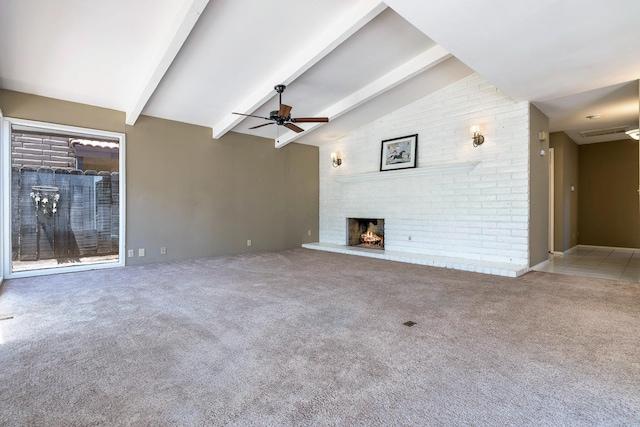 2076 W Calimyrna Ave Unit 102, Fresno, CA 93711 - unfurnished living room featuring a fireplace, ceiling fan, and carpet flooring