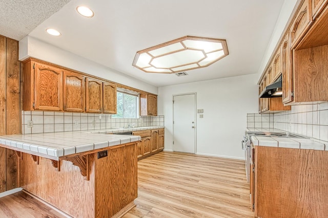 11016 E S Ave, Selma, CA 93662 - kitchen featuring a peninsula, under cabinet range hood, brown cabinets, tasteful backsplash, and recessed lighting