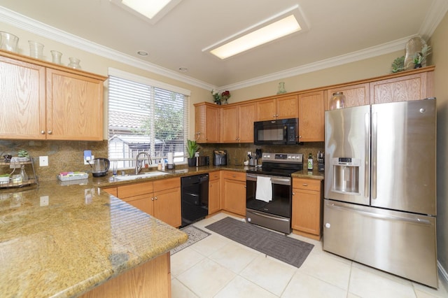 4001 W Fig Tree Ln, Fresno, CA 93722 - kitchen featuring black appliances, crown molding, backsplash, light tile patterned floors, and light stone counters