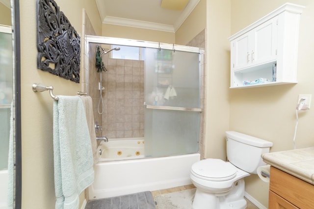 4001 W Fig Tree Ln, Fresno, CA 93722 - bathroom featuring crown molding, vanity, and bath / shower combo with glass door