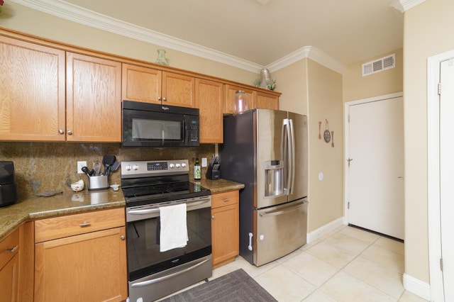 4001 W Fig Tree Ln, Fresno, CA 93722 - kitchen with appliances with stainless steel finishes, backsplash, crown molding, light tile patterned floors, and brown cabinetry