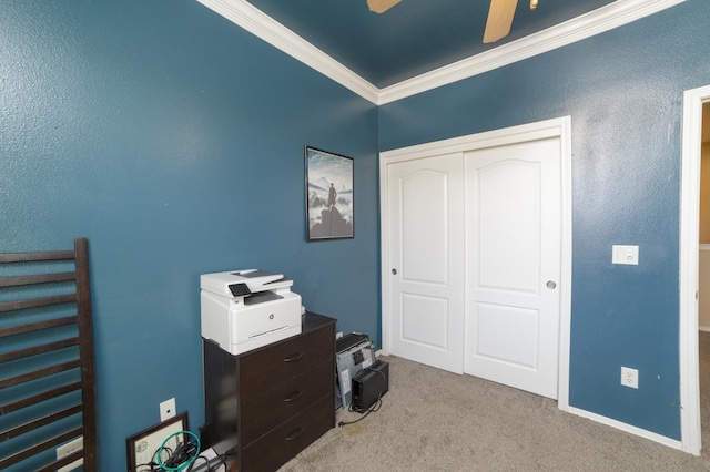 4001 W Fig Tree Ln, Fresno, CA 93722 - office area featuring crown molding, carpet floors, and ceiling fan