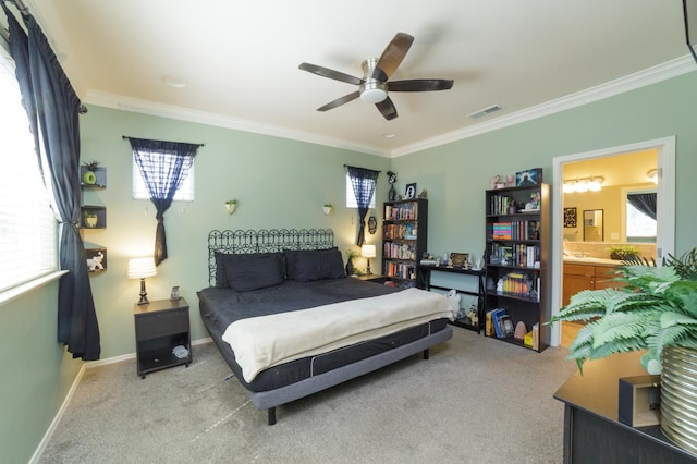 4001 W Fig Tree Ln, Fresno, CA 93722 - bedroom featuring crown molding, carpet floors, and a ceiling fan