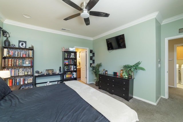 4001 W Fig Tree Ln, Fresno, CA 93722 - bedroom featuring ornamental molding, carpet flooring, and ceiling fan