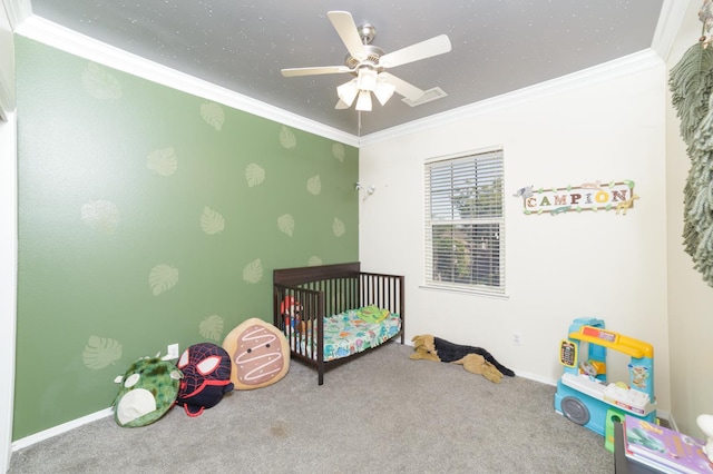 4001 W Fig Tree Ln, Fresno, CA 93722 - bedroom with a nursery area, crown molding, carpet, and a ceiling fan
