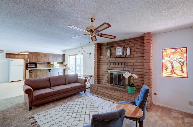 41151 Fig Grove Cir, Madera, CA 93636 - living room featuring ceiling fan, light carpet, a fireplace, and a textured ceiling