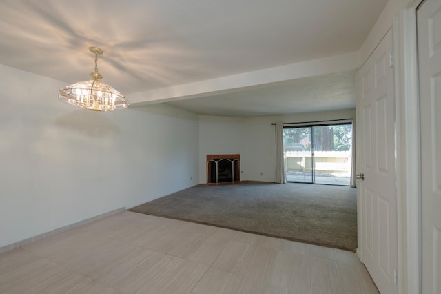 4875 N Backer Ave Unit 160, Fresno, CA 93726 - unfurnished living room featuring light carpet, a fireplace, and a chandelier