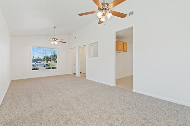 4220 Spruce St, Firebaugh, CA 93622 - unfurnished room featuring ceiling fan, light colored carpet, and lofted ceiling