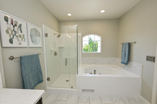 1082 E Oakmont, Fresno, CA 93730 - bathroom featuring a garden tub, a stall shower, vanity, and recessed lighting