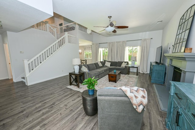 1082 E Oakmont, Fresno, CA 93730 - living area featuring ceiling fan, stairs, and wood finished floors
