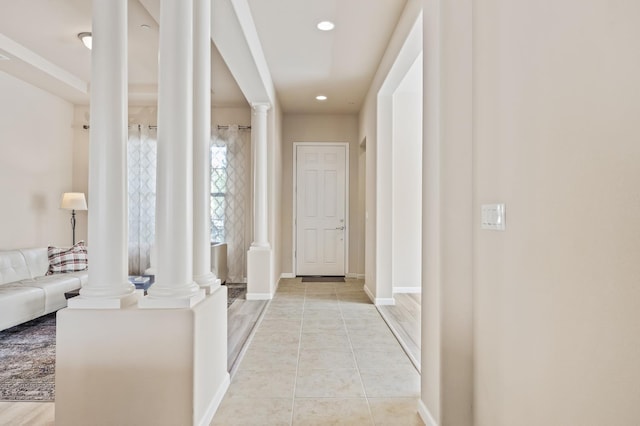 10911 E Swift Ave, Clovis, CA 93619 - corridor featuring ornate columns, recessed lighting, and light tile patterned floors