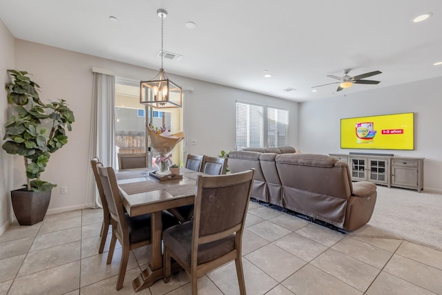 1066 Jade Way, Lemoore, CA 93245 - dining room with light tile patterned floors, a chandelier, recessed lighting, and ceiling fan