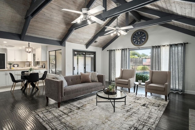 8501 N Akron Ave, Fresno, CA 93720 - living area with wood finished floors, a ceiling fan, high vaulted ceiling, a wood ceiling with exposed beams, and a chandelier
