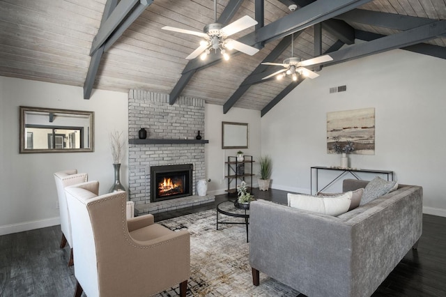 8501 N Akron Ave, Fresno, CA 93720 - living room with ceiling fan, wood finished floors, a fireplace, and wood ceiling