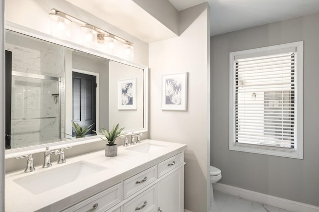 8501 N Akron Ave, Fresno, CA 93720 - full bathroom with marble finish floors, a marble finish shower, and double vanity