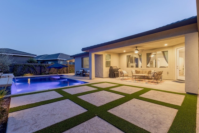 400 Ridge Creek Estates Way, Dinuba, CA 93618 - view of swimming pool with an outdoor hangout area, a patio, grilling area, a ceiling fan, and a fenced backyard