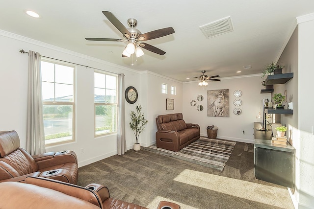 400 Ridge Creek Estates Way, Dinuba, CA 93618 - living room with a ceiling fan, crown molding, dark colored carpet, and recessed lighting