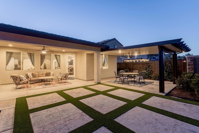 400 Ridge Creek Estates Way, Dinuba, CA 93618 - back of property featuring an outdoor living space, a ceiling fan, a patio, and stucco siding