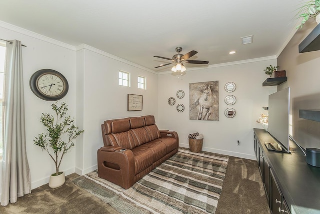 400 Ridge Creek Estates Way, Dinuba, CA 93618 - living area featuring carpet, ornamental molding, ceiling fan, and recessed lighting
