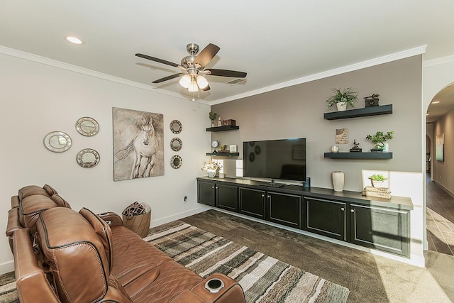 400 Ridge Creek Estates Way, Dinuba, CA 93618 - living room featuring arched walkways, ceiling fan, ornamental molding, dark colored carpet, and recessed lighting