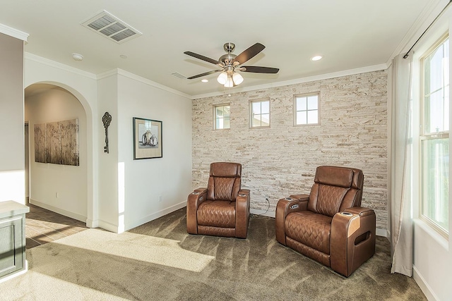 400 Ridge Creek Estates Way, Dinuba, CA 93618 - sitting room with ornamental molding, arched walkways, carpet floors, ceiling fan, and recessed lighting