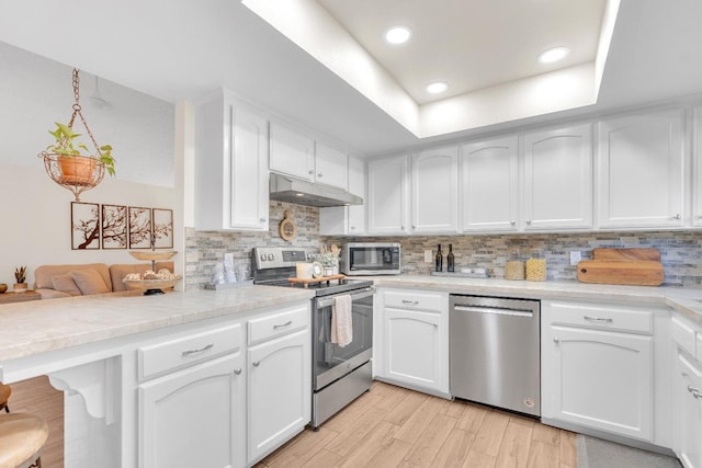 1750 E Deyoung, Fresno, CA 93720 - kitchen featuring stainless steel appliances, under cabinet range hood, white cabinetry, decorative backsplash, and recessed lighting
